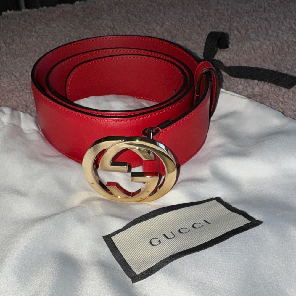 Gucci Red Leather Belt with Gold Interlocking G Buckle